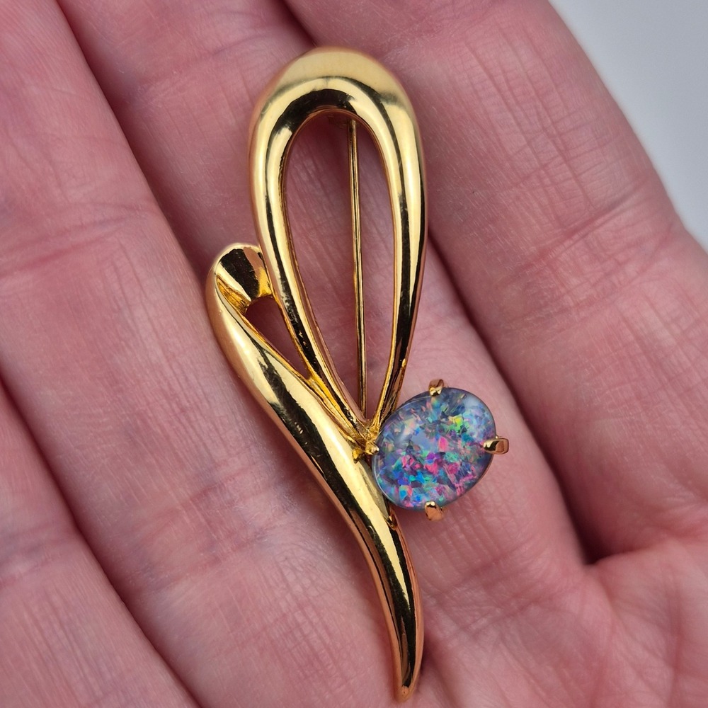 Vtg 1980s 925‎ Sterling Silver Vermeil Modernist Brooch Pin w/ Opal Cab 2"